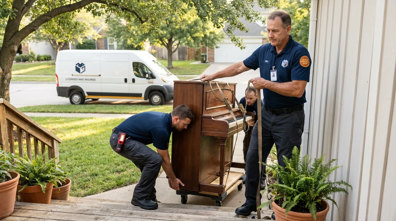 Licensed piano movers securing grand piano in Colby, KS