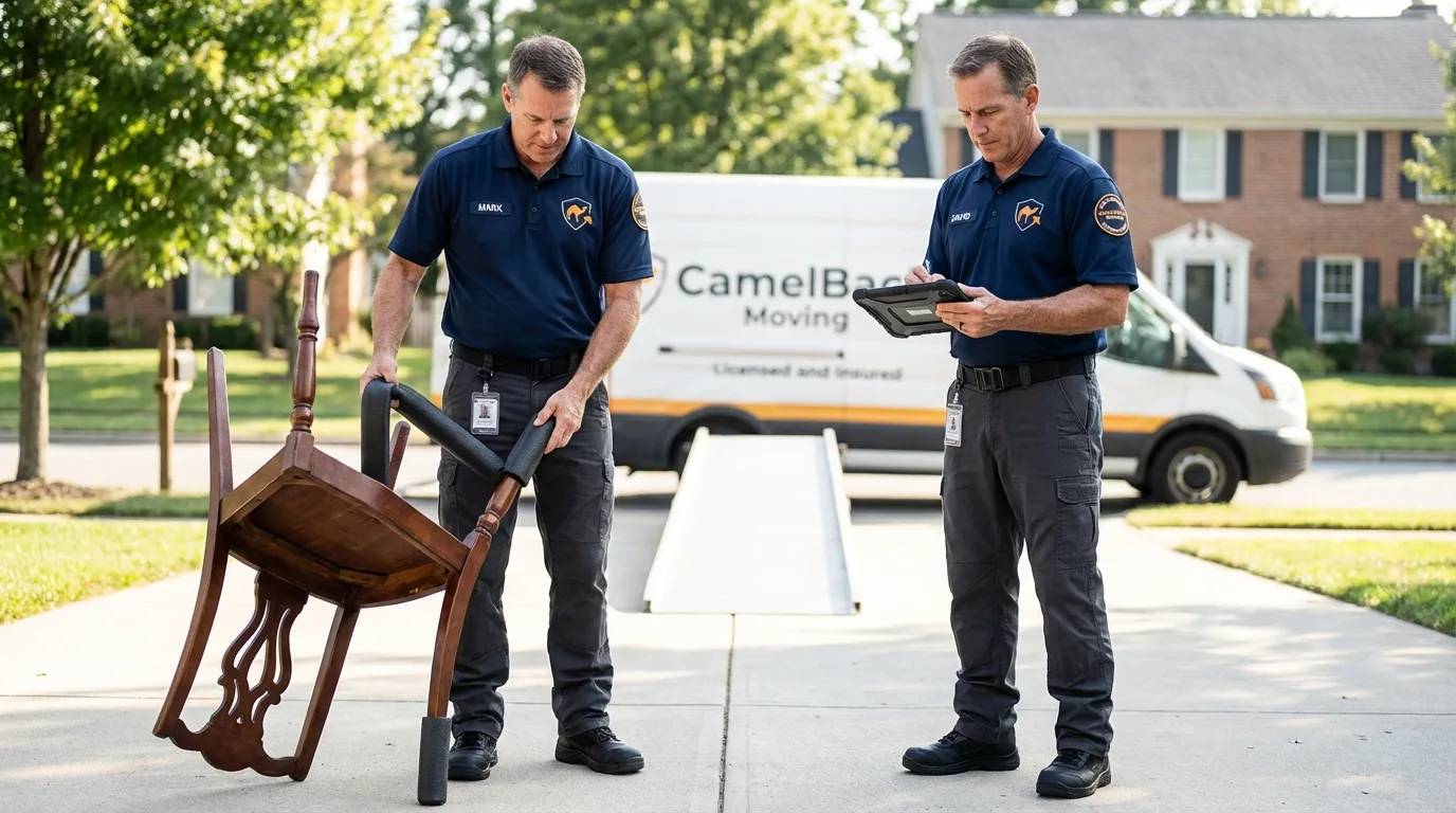 Movers inspecting furniture for damage prevention before loading in Colby, KS